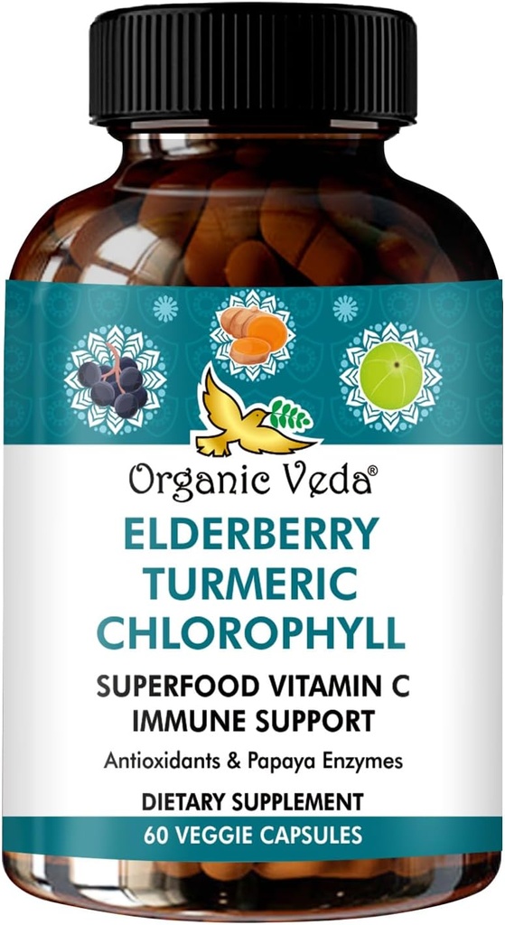 Bio Veda Elderberry Turmeric Chlorophyll Immununterstützungsergänzung - Superfoods Antioxidantien, Green Vitamin C, Grape Seed Extract, Acerola, Moringa & Papaya Enzymes - 60 Vegan Kapseln