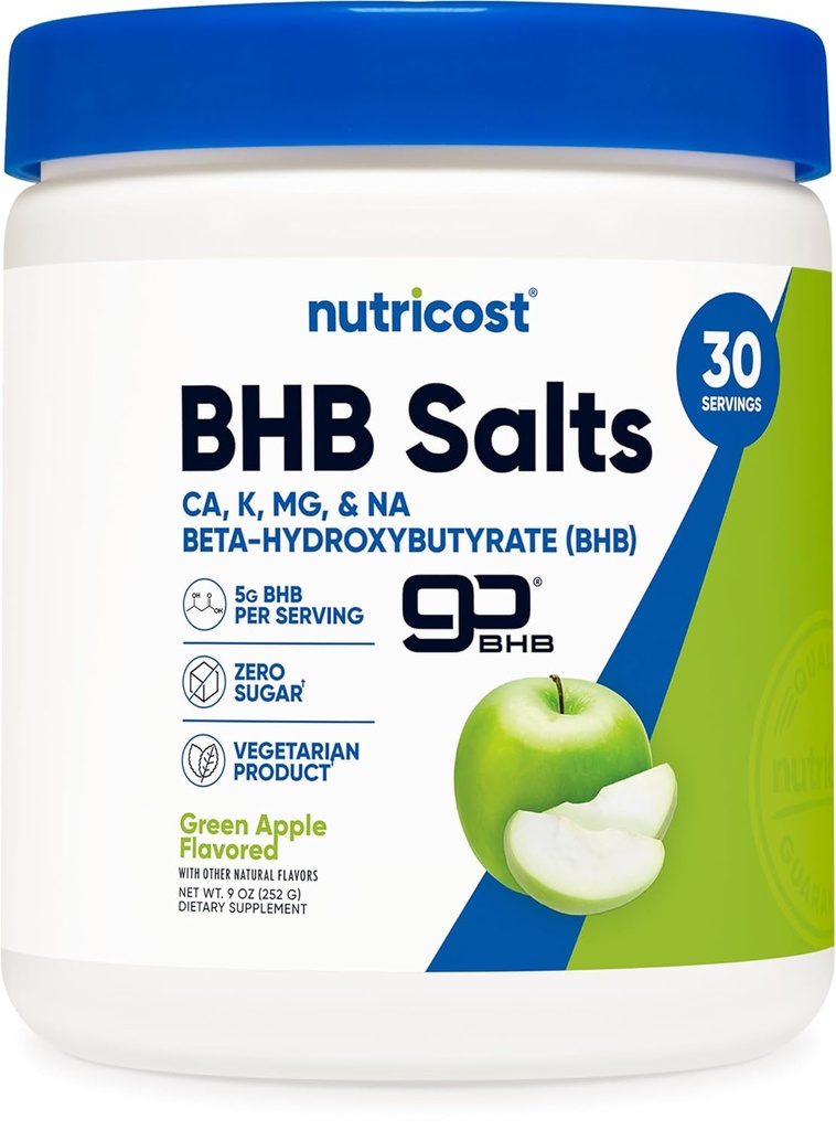 Nutricost BHB Salts Drink Mix (30 Serve, Verde mela aromatizzata) (5G BHB Per Serve) - 0G Zuccheri Totali, Prodotto Vegetariano