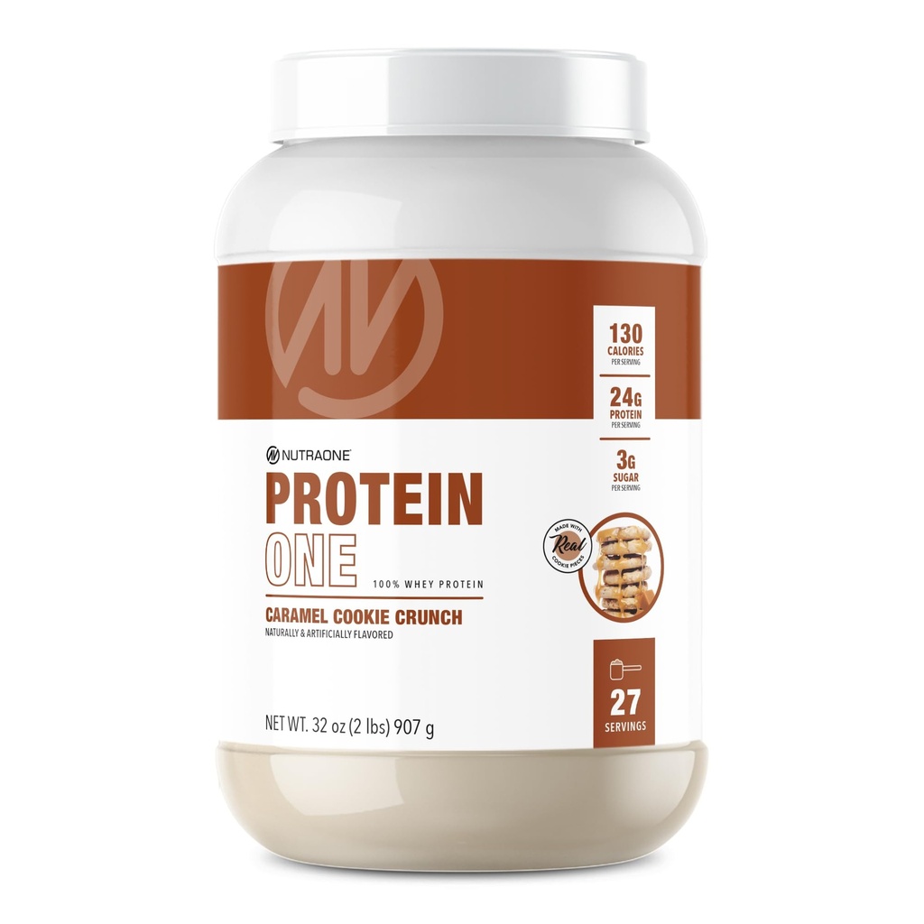 NutraOne ProteinOne Whey Protein favorise la récupération et construire un muscle avec une poudre de shake de protéines pour les hommes et les femmes (Caramel Cookie Crunch, 2 LB)
