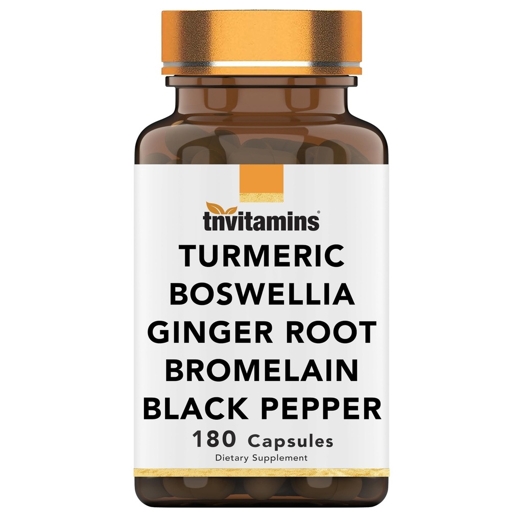 tnvitamins Turmeric & Boswellia Complex (180 capsule) con Ginger Root, Bromelain, & Black Pepper Extract | Joint-Ease Formula: Powerful Joint Support Supplement* | Prodotto negli Stati Uniti