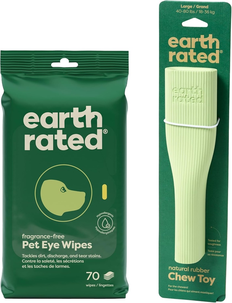 Un ensemble propre et calme pensé à la Terre - Comprend 70 wipes pour les yeux sans parfum et 1 grand jouet d'enrichissement