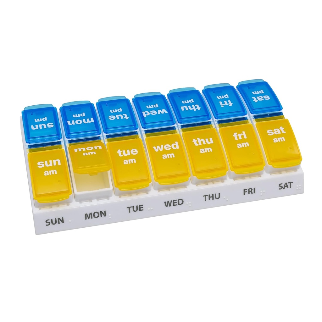 EZY DOSE Organizzatore settimanale AM/PM Pill, 7-Day Vitamin and Medicine Box with Large Pop-Out Compartments, 2 volte al giorno Pill Holder for Easy Dosing, giallo e blu coperchi, progettazione di viaggio