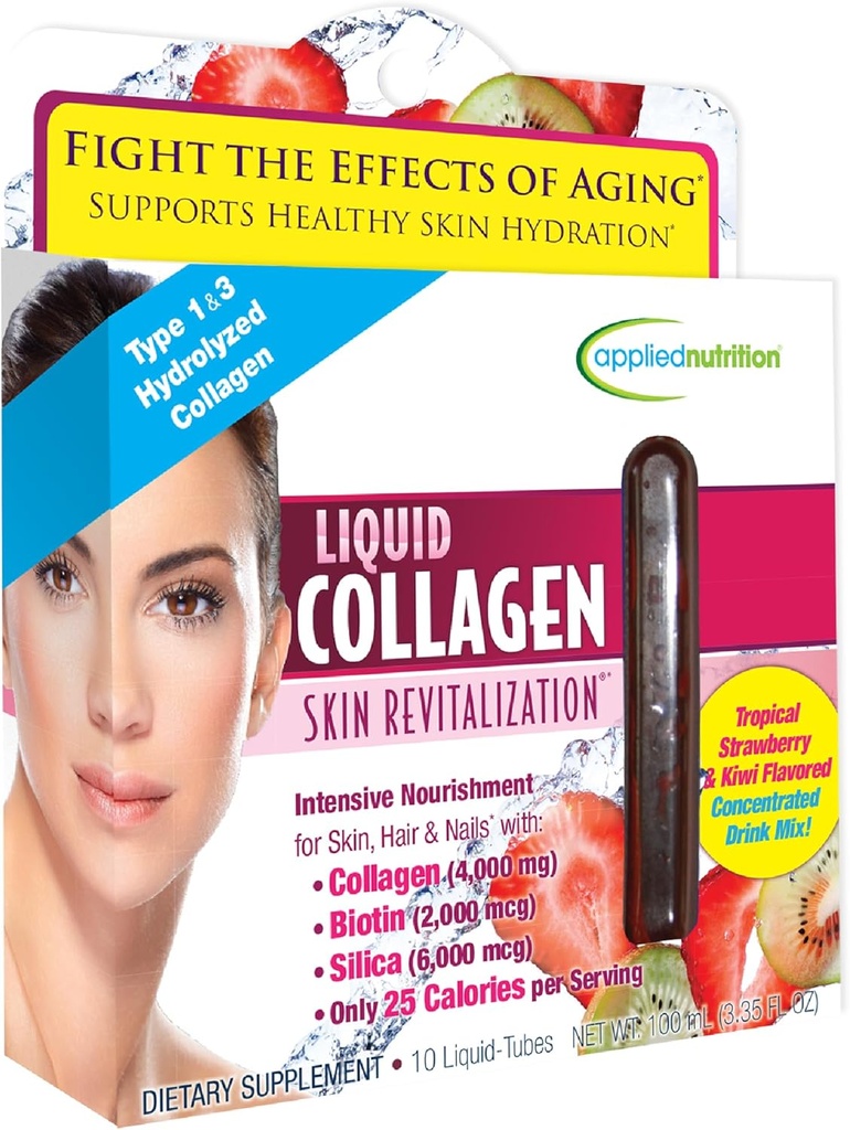 Angewandte Ernährungsflüssigkeit Collagen Hautrevitalisierung - 10 Flüssigkeitsröhren - Kollagen, Biotin & Silica - Tropische Erdbeere & Kiwi Flavor - 10 Servierungen