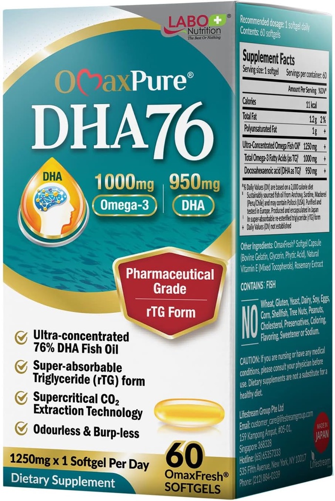 LABO Nutrition OmaxPure DHA76 Omega 3 Fish Oil, Ultra-concentrato 76% 950mg DHA, EPA, 60 conte, grado farmaceutico, supercritico CO2 estratto rTG forma, per cuore, giunto, cervello e salute immunitaria