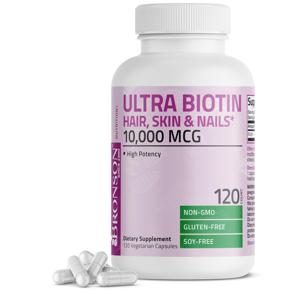 Bronson Ultra Biotin 10.000 Mcg Supplemento per capelli e unghie, Non OGM, 120 capsule vegetariane