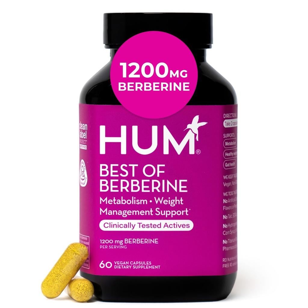 HUM Best of Berberine Supplément 1200mg, Pure Potency pour le bien-être métabolique, Gut Health, Pure Berberine Suppléments améliorés avec BioPerine pour l'absorption maximale, 60 Capsules