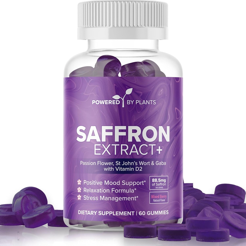 Gommies d'extrait de safran avec Passionflower & Vitamine D2 - Suppléments de safran pour le soutien, la digestion et l'énergie 60 portions