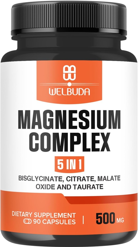 5in1 Magnesium Complex Supplement mit 20% gereinigt - 500mg Magnesiumbisglycinat, Citrat &amp; More für Muskel, Entspannungsmood, Knochengesundheit &amp; mehr - 90 Kapseln