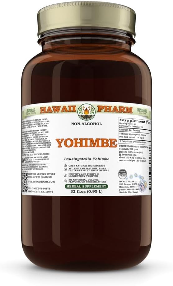 Yohimbe (Pausinystalia Yohimbe) Bark secco Glycerite, Made in Hawaii, All Natural, Vegan, Lab Tested Alcohol-Free Liquid Extract - 32 fl.oz