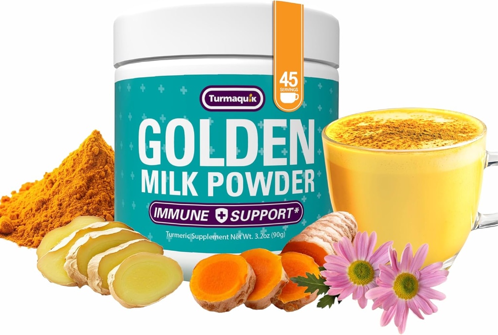Turmaquik 3.2 Unze Bio Golden Milk Turmeric Powder – Immun Support Superfood Blend mit Ingwer, Black Pepper, Curcumin, Cinnamon, Cardamom, Vitamine C, D, B6, B12 und Zink