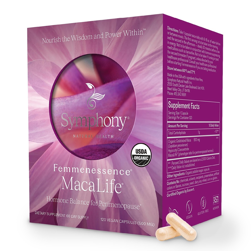 Femmenessence® MacaLife® – Supplément périménopausique éprouvé cliniquement pour équilibre hormonal naturel, soulagement symptomatique, soutien cardiaque et d'humeur, sans hormones ajoutées (120 capsules, 60 jours d'approvisionnement)