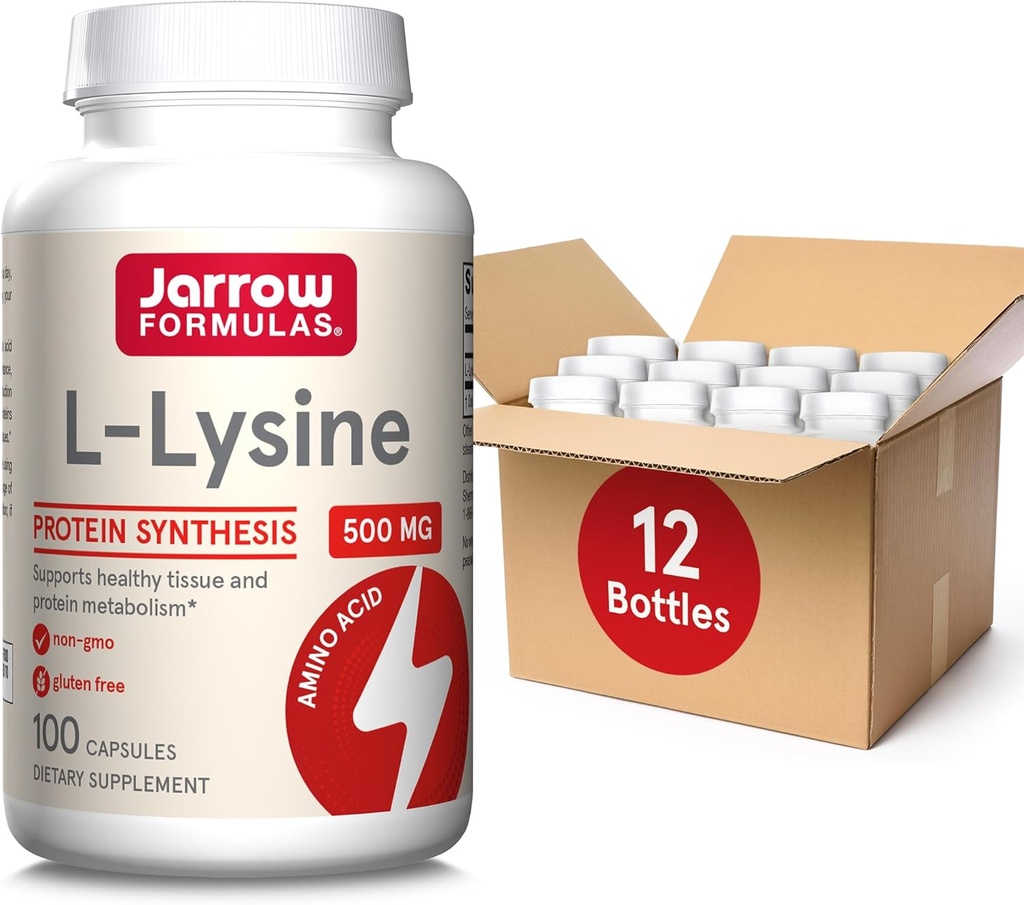 Jarrow Formulas L-Lysine 500 mg - 100 Capsules - Essential Amino Acid for Protein Metabolism - Dietary Supplement - Up to 100 Servings (Pack of 12)
