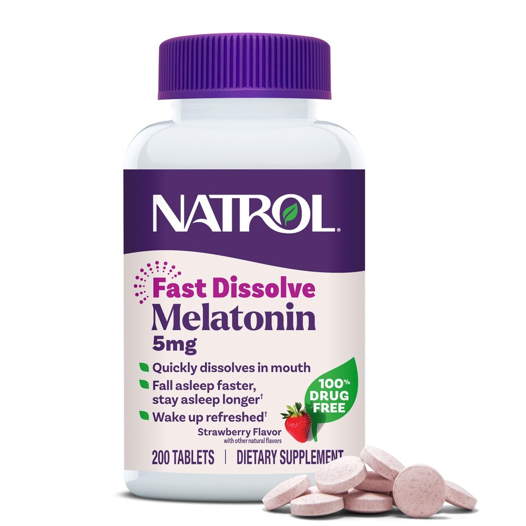 Natrol Melatonin 5mg Comprimés à dissolution rapide, Suppléments de soutien du sommeil pour adultes, Saveur de fraise, 200 comprimés, jusqu'à 200 jours d'approvisionnement