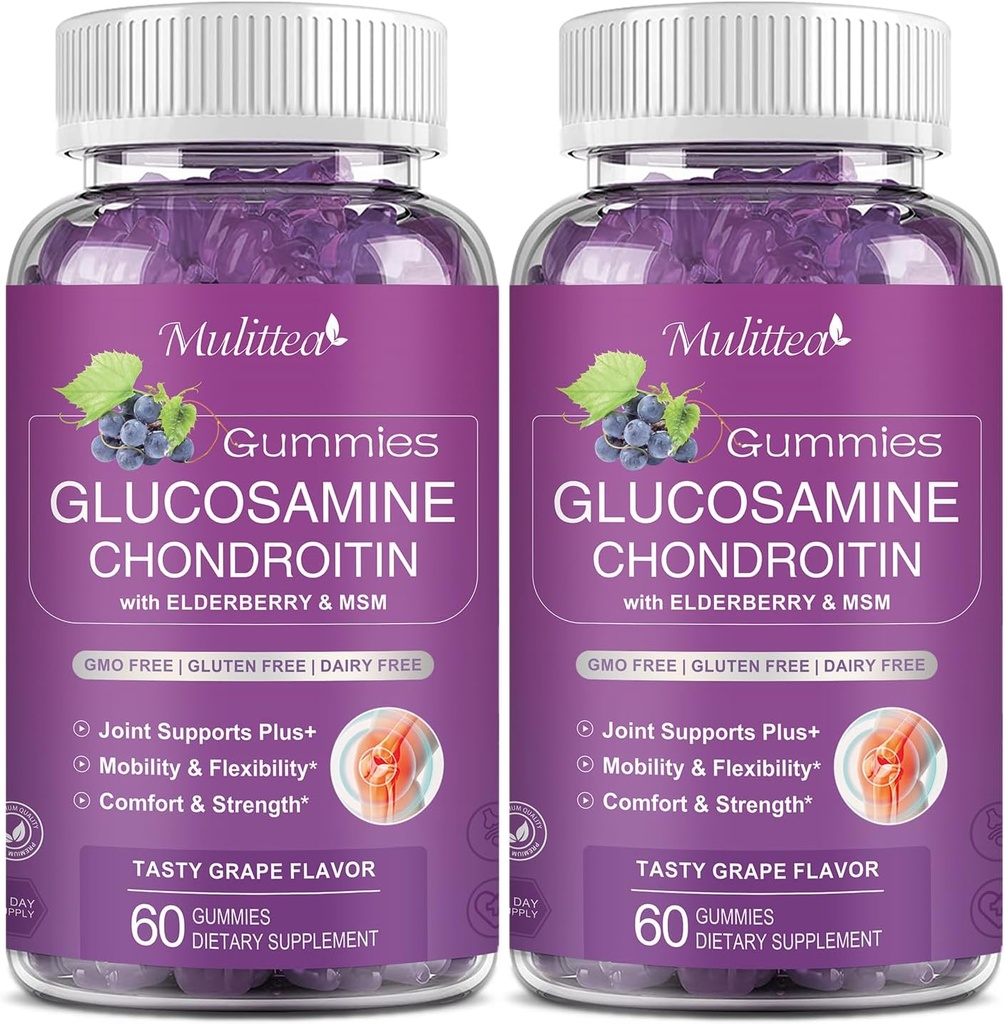 Mulittea Glucosamine Chondroitin Gummis - Extra Strength Joint Support Supplement mit MSM & Elderberry für Natural Joint, Antioxidant Immununterstützung für Erwachsene, Männer & Frauen-Sugar-Free (2 Pack)