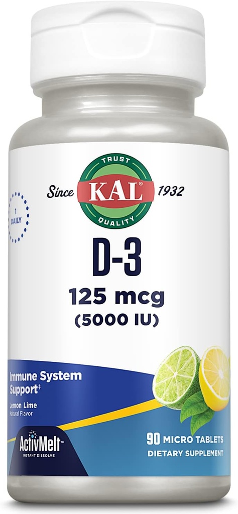 KAL Vitamin D-3 5000 IU ActivMelt, Instant Dissolve, Natürliche Lemon Lime Flavor, Gesunde Immunfunktion & Knochenunterstützung, 90 Servierungen, 90 Micro Tablets