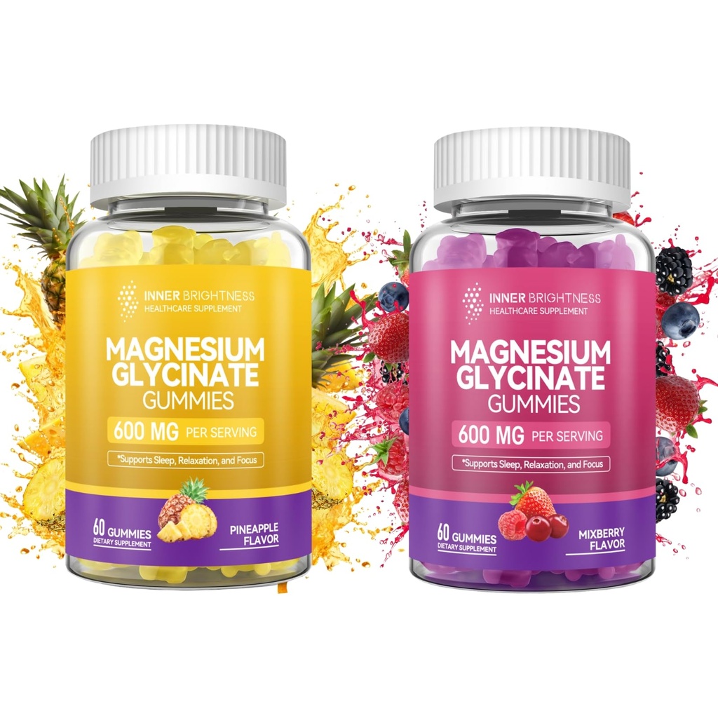 Magnesium Glycinate Gummies - Magnesium Gummies for Adults, for Sleep, Relaxation & Focus, Non - GMO, Gluten - Free, Mixed Berry and Pineapple Flavors, 120 Count (60 of Each)