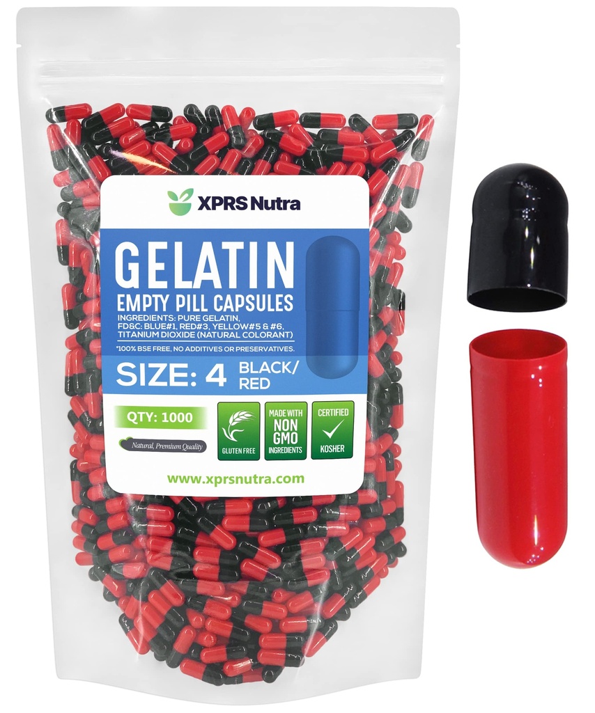 XPRS Nutra Size 4 Capsule Vuoti - 1000 Contare Piccole Capsule Gelatina Vuote - Pillole Riempimento Capsule fai-da-te - Fillable Pure Bovine Pill Gel Caps per Do-It-Yourself Supplements (nero/rosso)