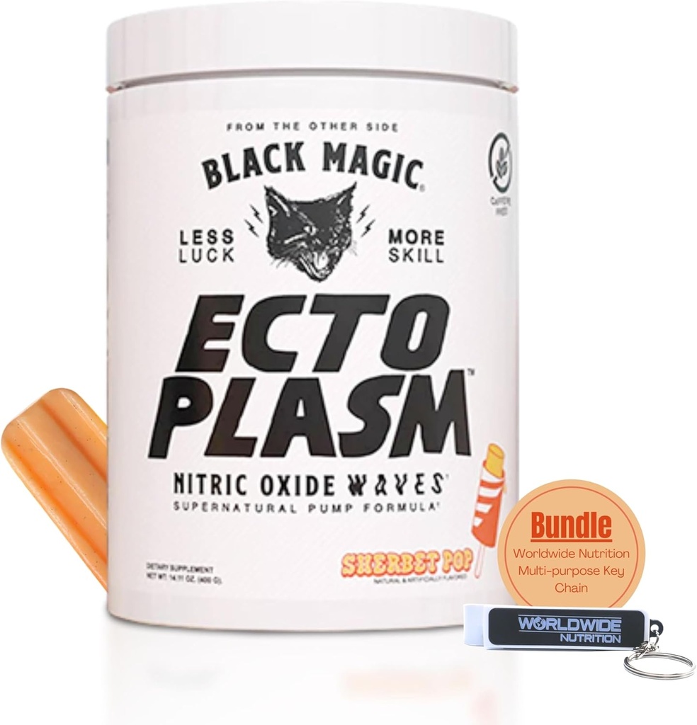 Ensemble de nutrition mondiale compatible avec l'alimentation magique noire Ecto Plasm - Sherbet Pop High Volume Pre-Workout - 20 Scoops Non Stim Pump Preworkout Supplément poudre avec porte-clés multi-usage