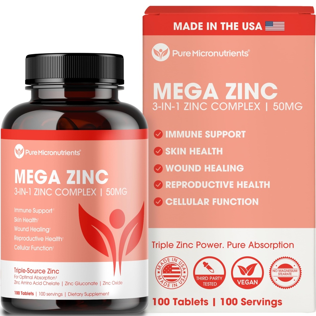 Mega Zink-Ergänzung, 50mg, 3-in-1 Zink-Komplex, 100 Tabletten - Reine Mikronährstoffe