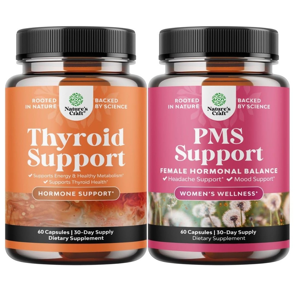 Ensemble de complément de soutien thyroïde à base de plantes et de complément de soutien aux SPM à base de plantes pour les femmes - Mood Enhancer supplément d'énergie pour la santé thyroïde - Complexe d'équilibre féminin avec vitamine SPM pour les femmes