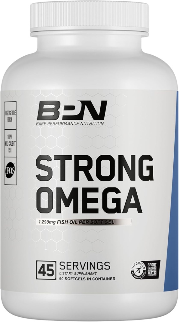 BARE PERFORMANCE NUTRITION, BPN Fort Omega Fish Oil Soft Gel, 1290mg Huile de poisson par capsule, Poisson capturé sauvage, source durable, certifié IFOS