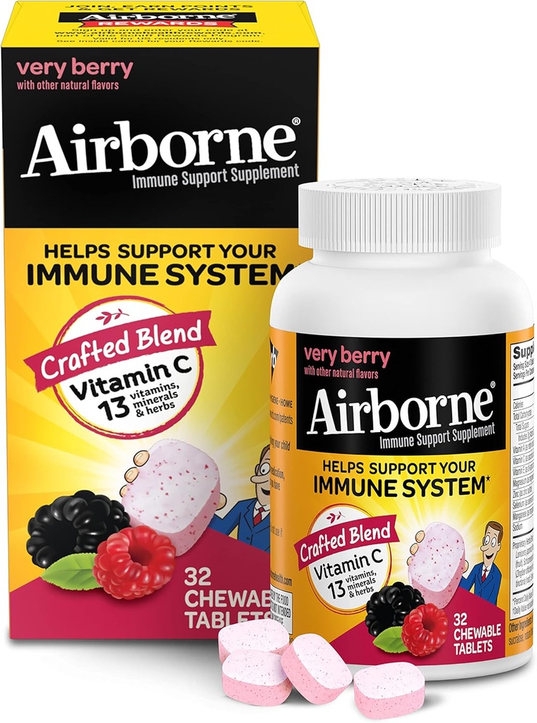 Airborne Vitamin C 1000mg (pro Servieren) Sehr berry Kautabletten (32 Count in a Box), Glutenfreie Immununterstützungsergänzung, mit Vitaminen A C E, ZINC, Selen, Echinacea & Ginger, Antioxidantien