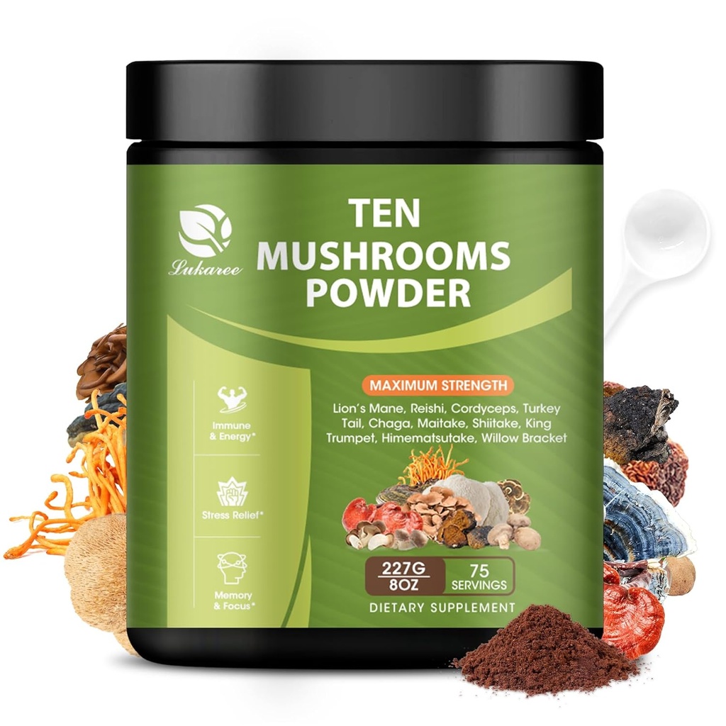 14 en 1 Poudre de champignons pour la cuisson du café, supplément de champignons de 8 oz avec Lions Mane, Chaga, Reishi, Turquie Tail, Cordyceps Poudre d'extrait de champignons, etc., Mélange de champignons pour l'énergie cérébrale immunitaire