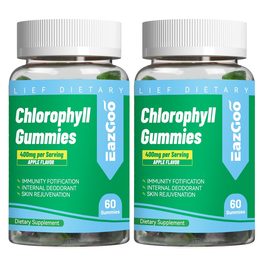 2 Pack Chlorophyll Gummies for Body Odor Deodorant*, Sugar Free Chewable Chlorophyll for Immune Support Women Vegan Non OGM, 120 Count