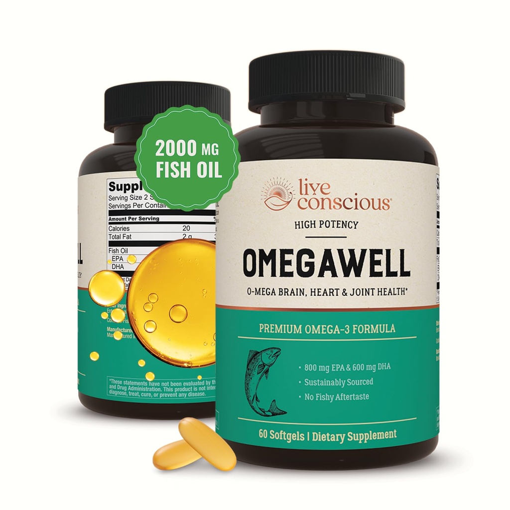 Live Conscious OmegaWell Omega 3 Fish Oil - 2000mg Capsules: Heart, Brain, & Joint Support - 800 mg EPA 600 mg DHA - Sustainably Sourced - Softgels - 30 Day Supply
