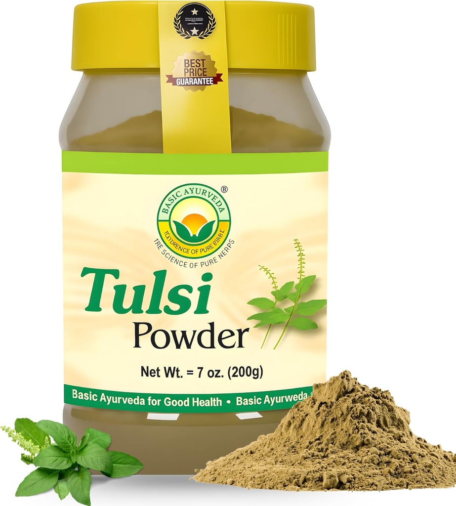 BASIC AYURVEDA Tulsi Pulver – 7.05 Oz (200g) | Heilige Basil Blatt Pulver für Tee, Hautpflege &amp; Haar | Unterstützt Detox, natürliche Energie, Daily Balance | Non-GMO, Vegan, Gluten-Free