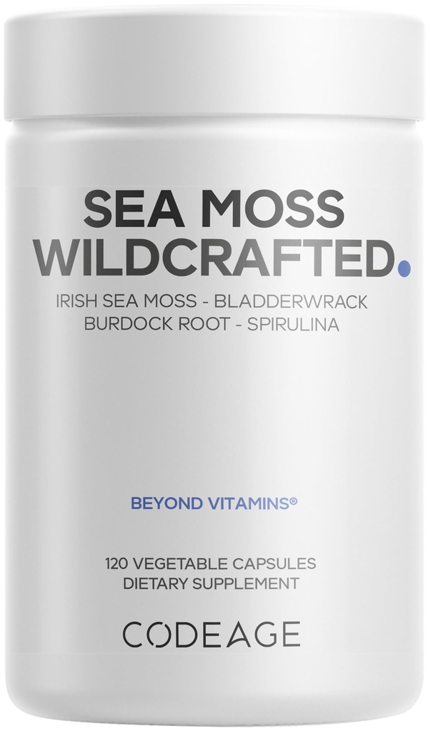Codeage Raw Wildcrafted Irish Sea Moss Supplement, Spirulina Algae, Bladderwrack Seaweed, Burdock Root, Black Pepper, Vegan, Non-GMO, 120 Kapseln