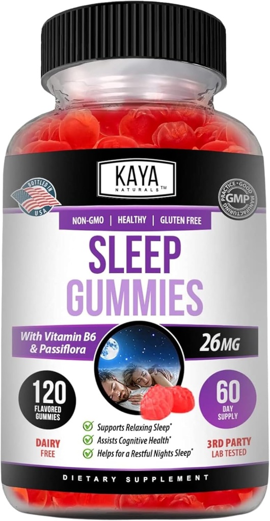 Kaya Naturals Sleep Gummies (26mg) - Integratore di salute e aiuto al sonno per gli adulti - Vitamina B6 e Melatonina Gummies - Vitamine gommose per le donne e gli uomini - 120 Conte