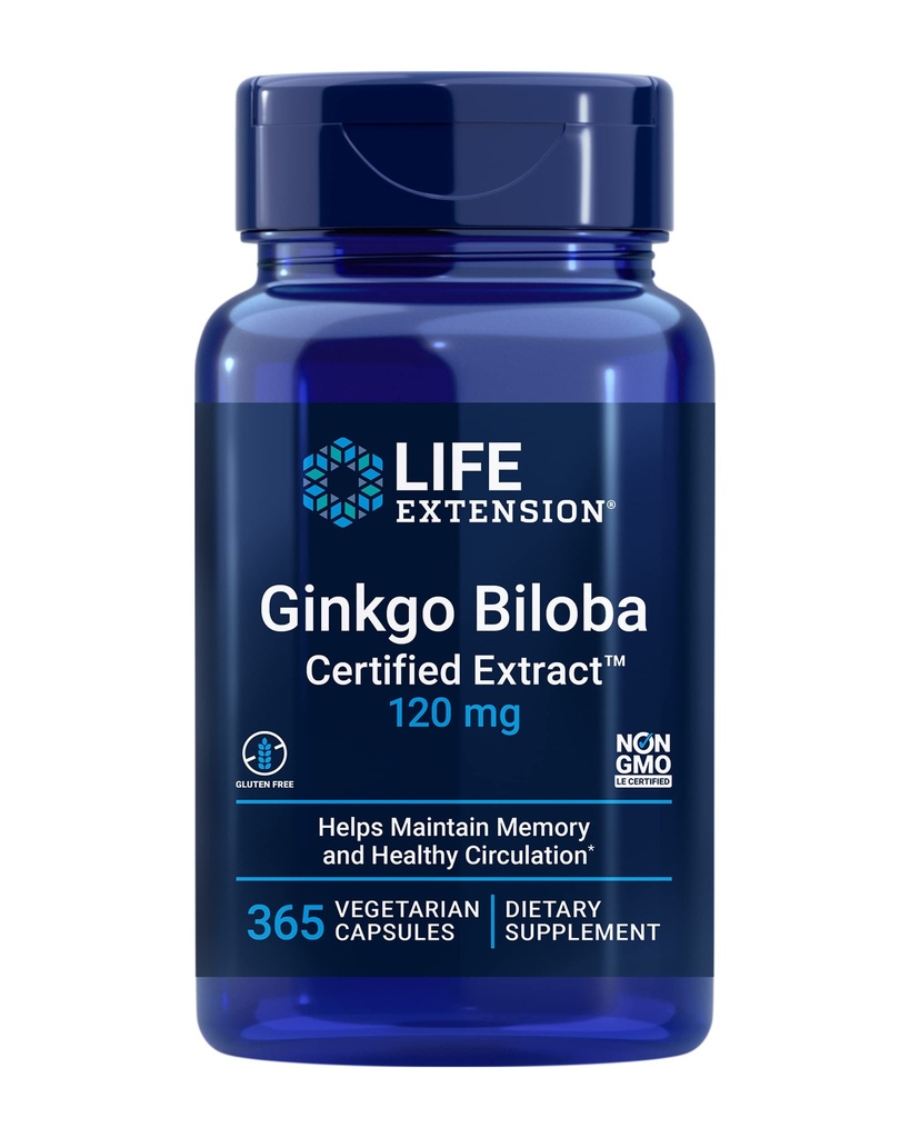 Life Extension Ginkgo Biloba Certified ExtractTM, 120 mg, hilft Gedächtnis und Kognition, Glutenfrei, Non-GMO, Vegetarisch, 365 Kapseln