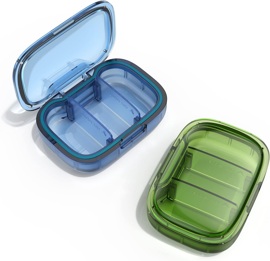 2 Pack 3 Compartiment petite boîte à pilules, cas de preuve d'humidité, organisateur de voyage pour la purée de poche, contenant quotidien de vitamine de médecine portable, huile de poisson et stockage supplémentaire