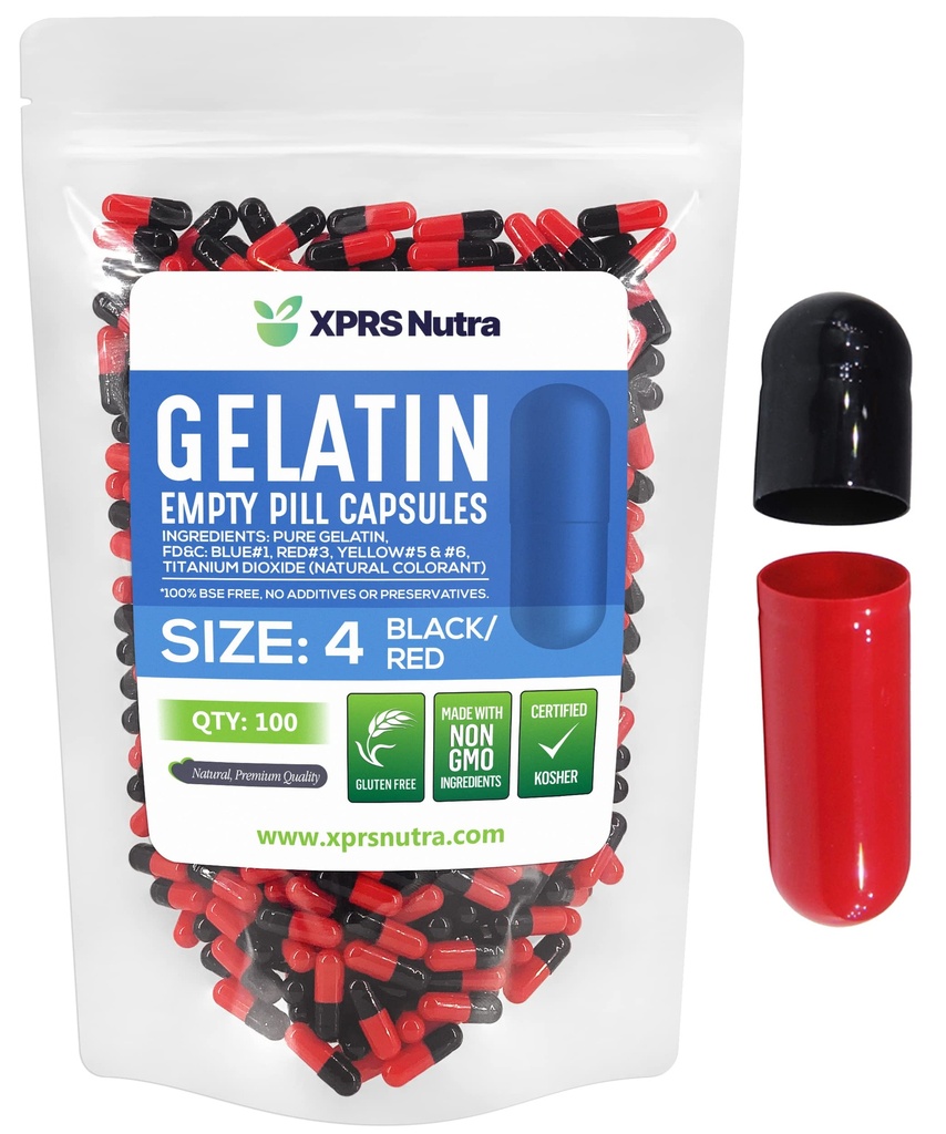 XPRS Nutra Size 4 Capsule Vuote - 100 Contare Piccole Capsule Gelatina Vuote - Pillole Riempimento Capsule fai-da-te - Fillable Pure Bovine Pill Gel Caps per Do-It-Yourself Supplements (nero/rosso)