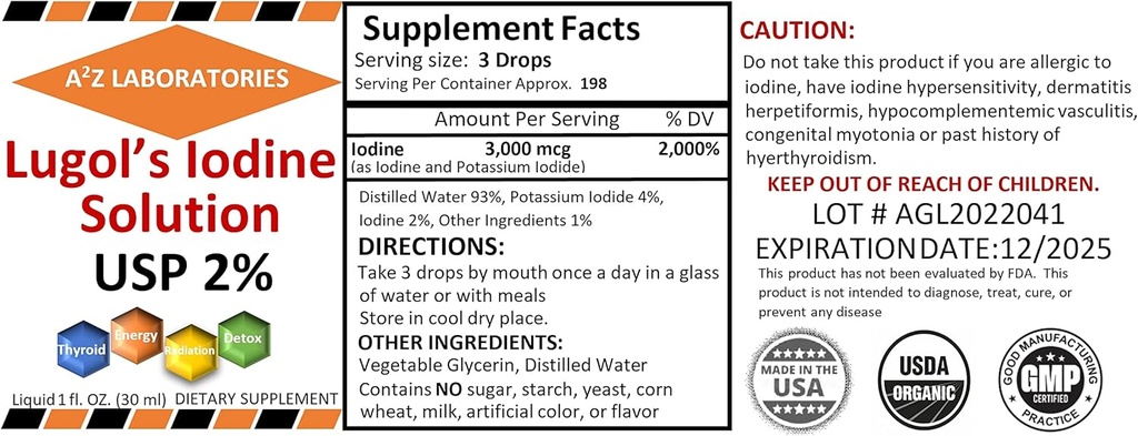 2 x 1 OZ Pack A2Z Organic Lugol' iodio e Potassium Iodide 2% Soluzione 3000 mcg - Supplemento liquido Gocce per il supporto tiroide per le donne e gli uomini, Metabolismo Salute, Detox Boost - 2 x 1 Fl Oz/USA