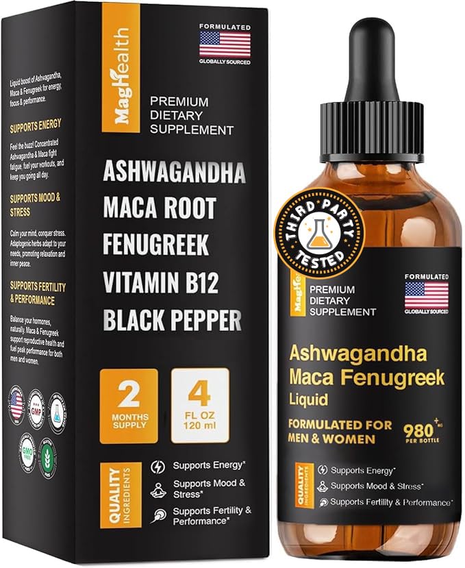 Maca Root Liquid Drops mit Ashwagandha und Fenugreek - 60 Day Servings - Fokus, Energie und Leistung - Liquid Multivitamin für Frauen und Männer - Adapto Drive, Vegan Drops