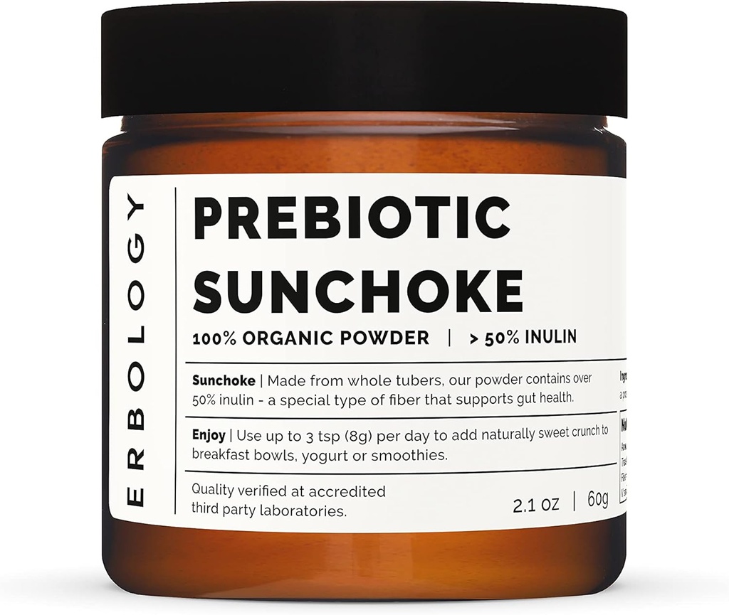 Erbologie Poudre de sunchoke biologique 2,1 oz - 30 portions - 50% fibre d'inuline prébiotique - soutient la santé des gourdes et favorise divers microbiome - aliment de bonnes bactéries - végétalien - sans gluten - sans OGM
