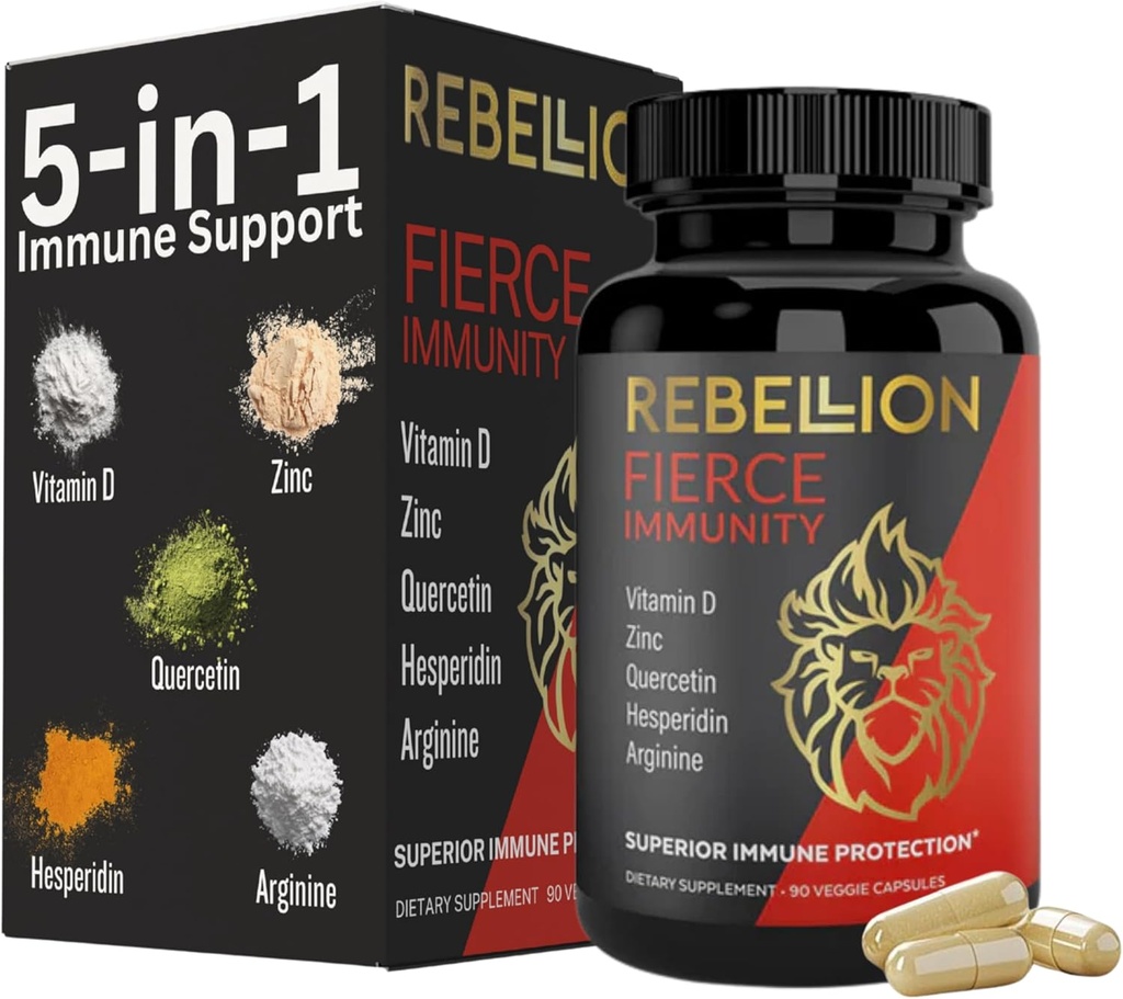 5-in-1 Fierce Immunity Supplement, Immune Support Supplement and Boosters for Adults, Vitamin C, Quercetin, Vitamin D, Zinc, L-Arginine, Hesperidin, Immunity Support, 90 Capsules (1 Month Supply)