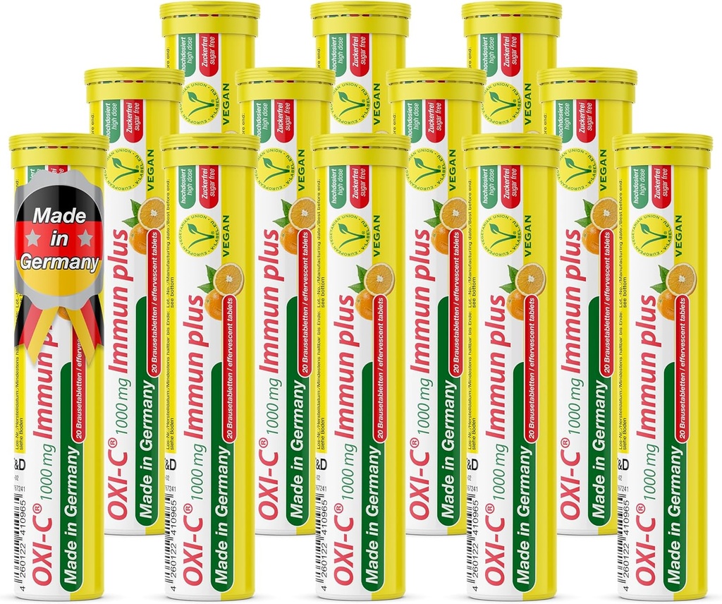 T&D Oxi C 1000 mg Vitamin C - 240 Vegan Drink Effervescent Tablets - Arancione Flavor - Made in Germany