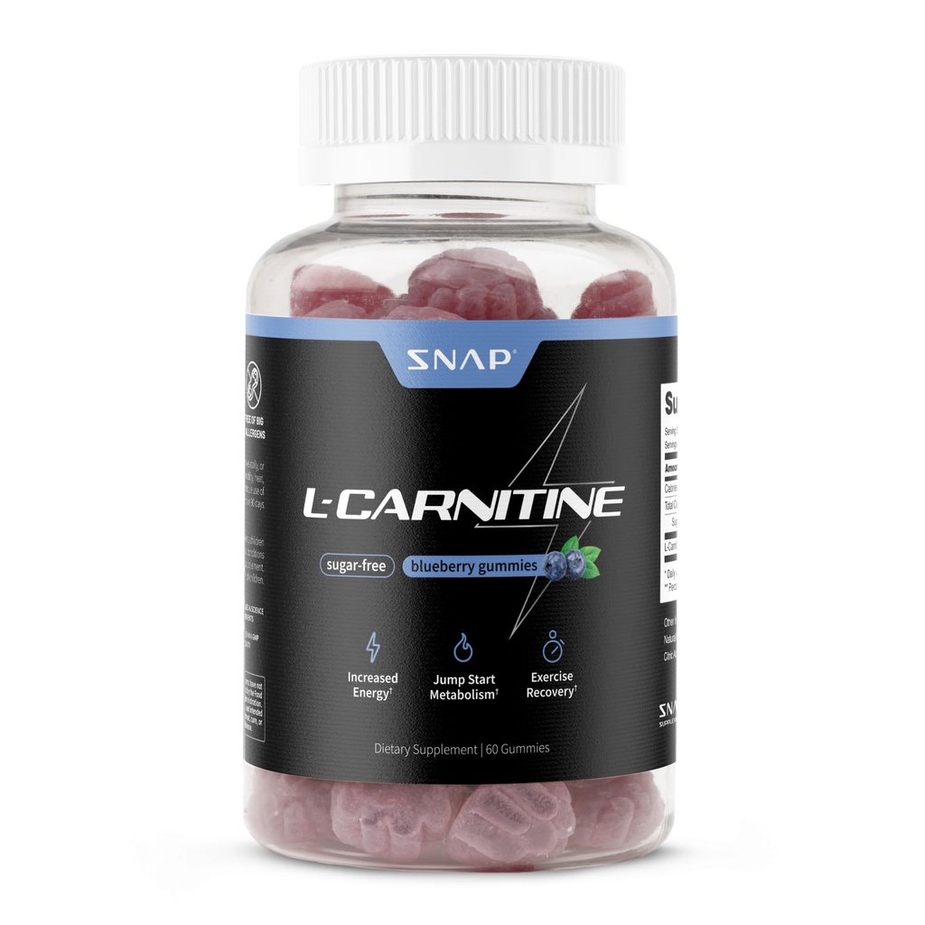 Sans sucre L Carnitine 500mg Gummy - Pré-entraînement naturel supplément L-Carnitine - Augmentation de l'énergie, récupération plus rapide, stimuler le métabolisme, préentraînement pour les femmes et les hommes, Blueberry Flavor (60 Gummies)