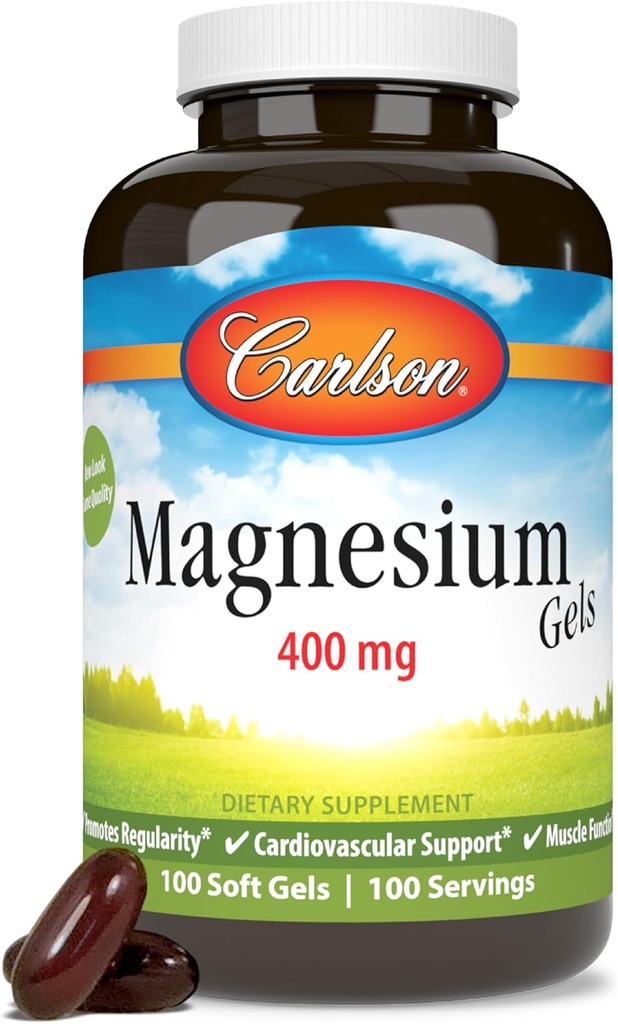 Carlson - Magnesium Gels, 400 mg Magnesium pro Softgel, Herz- und Muskelunterstützung, Magnesium Gel Caps, Bowel Function, Magnesium Supplement, 100 Softgels
