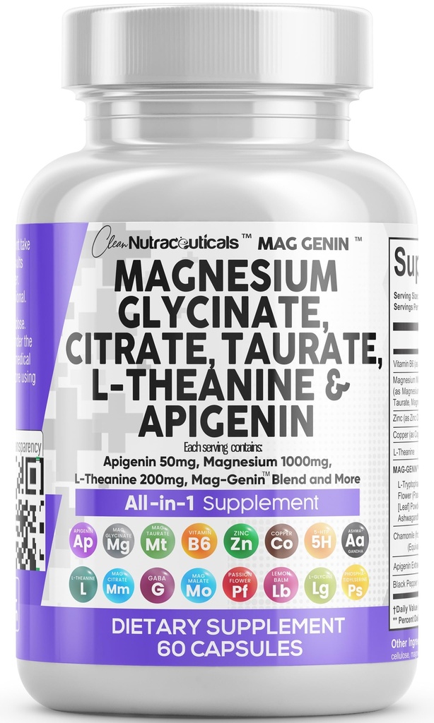 Clean Nutraceuticals Magnesium Glycinate Complex 1000mg con L-teanina 200mg Apigenin 50mg Citrate Taurate Supplemento - 5-HTP GABA Passion Flower Lemon Balm L-Glycine Phosphatidylserine - 60 Count