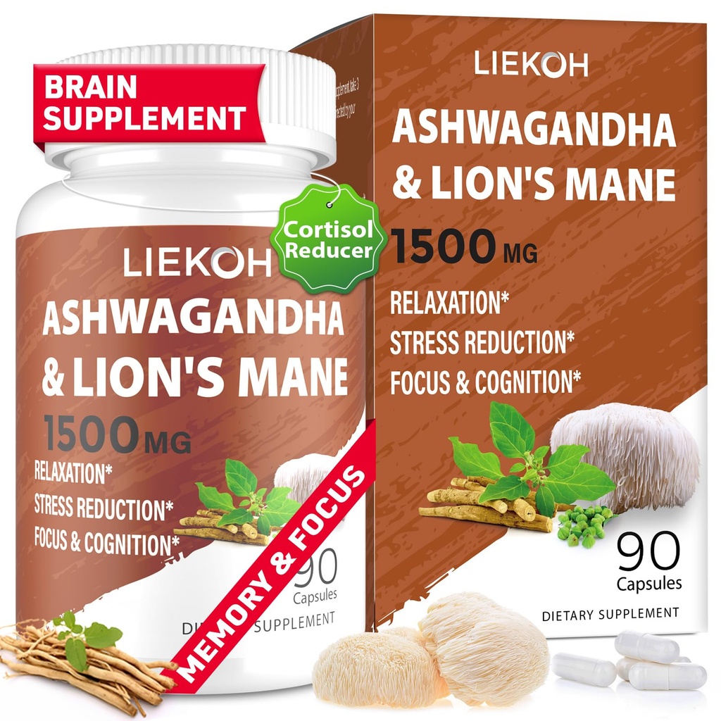 Ashwagandha & Lions Mane Supplement Kapseln, Brain Ergänzungen für Gedächtnis und Fokus, Ashwagandha Ergänzung mit Rhodiola & Black Peppe, Cortisol Ergänzungen für Frauen & Männer,90 Caps