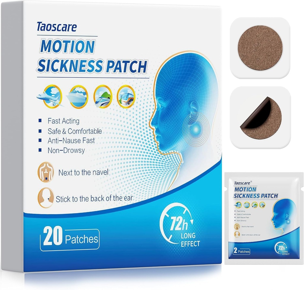 Motion Maladie Patchs, Maladie de la mer Patch pour les enfants et les adultes avec voyage-friendly Packets, Voyage essentiels pour croisière/voiture/avion/parc d'attractions (20 Patches)