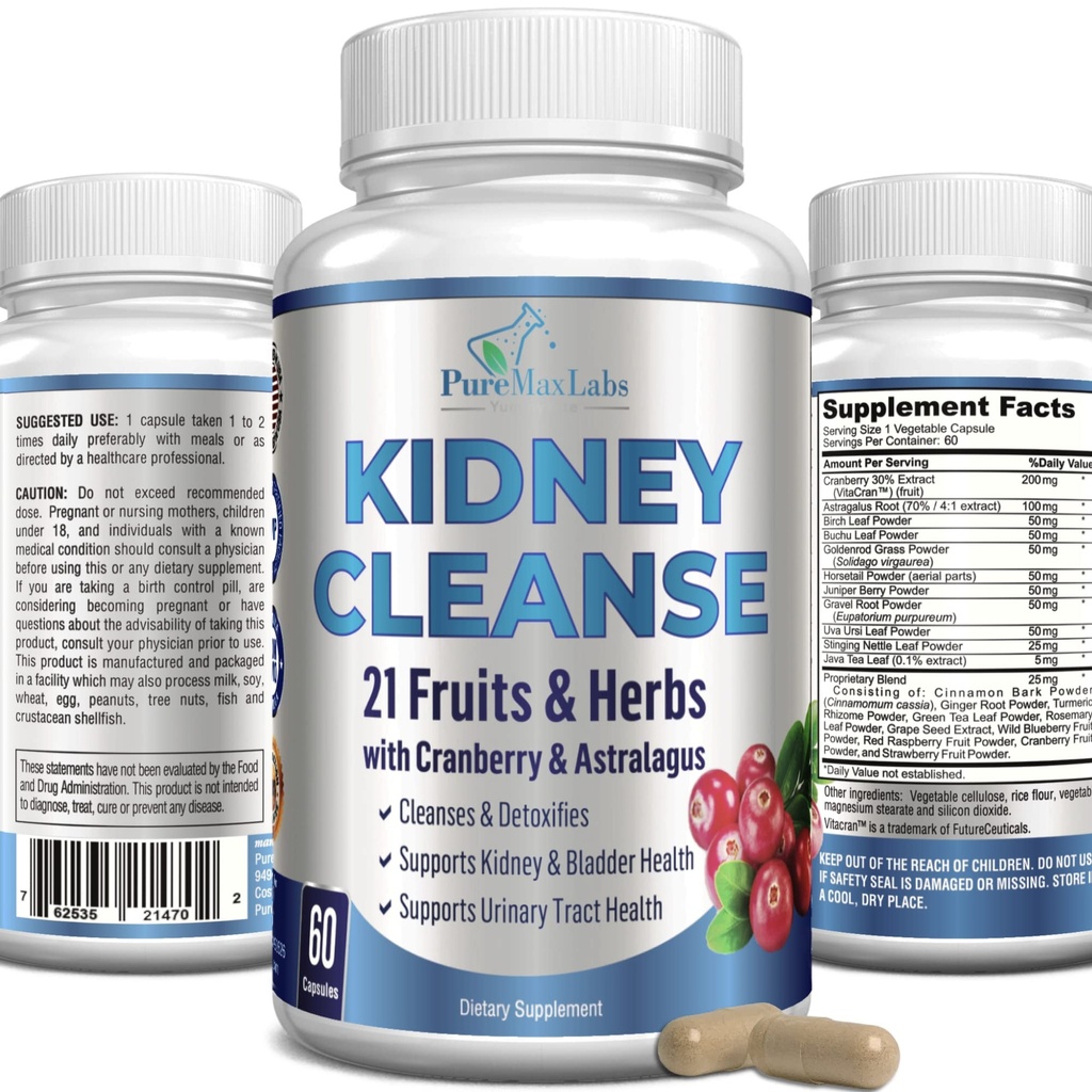 Herbal Kidney Cleanse con estratto di mirtillo, Astralagus - 21 Frutta & Erbe - Detox & Cleanse Urinary Tract & Bladder Health, Supporto rene, 60 Vegan Capsules