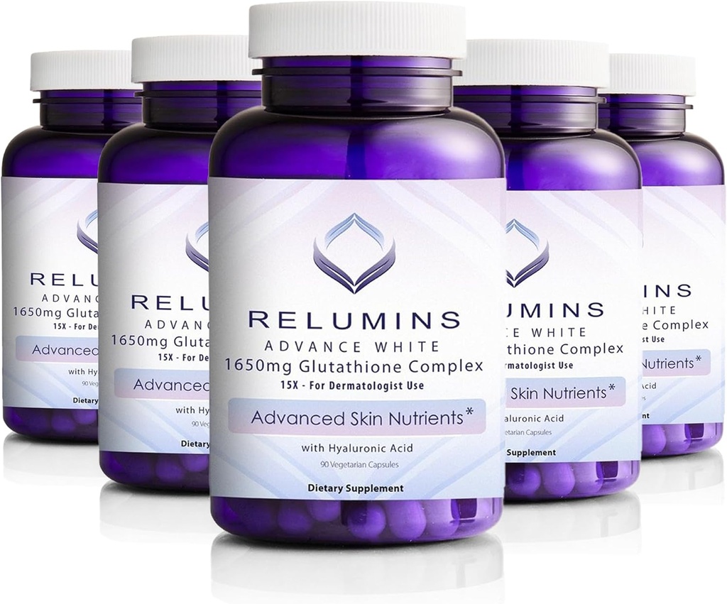 Relumines 1650mg L-Glutathion-Komplex mit Hyaluronsäure, Alpha Liponsäure, Rose HIPS, Vitamin E & Riboflavin, Antioxidans-Unterstützung, Haut Hydration & Wellness, Made in USA – 90 Kapseln x 5 Flaschen