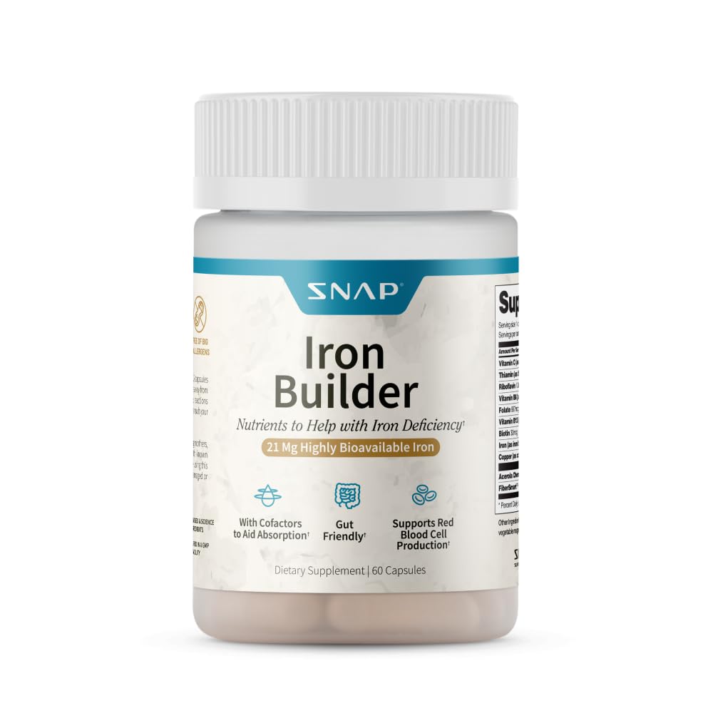 Snap Supplements Natural Iron Builder Supplements, 21mg Iron Pills to Increase Energy, Metabolism & Digestion, Absorbs Quickly Vitamins Organic Nutrients (60 Capsules)