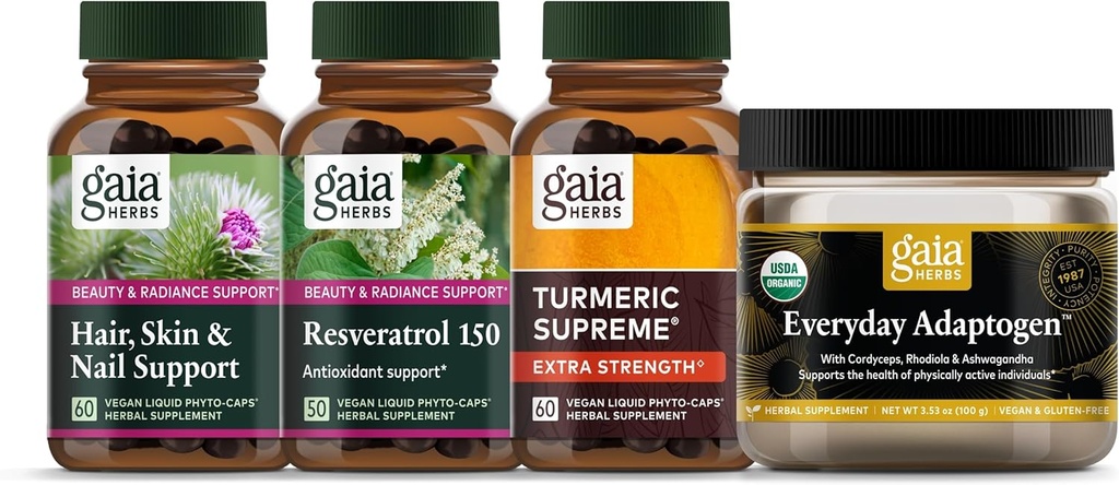 Gaia Herbs Beauty Essentials Kit - Capelli, Pelle, & Nail Support, Resveratrolo 150, Adaptogen di tutti i giorni, Turmeric Supreme Extra Strength