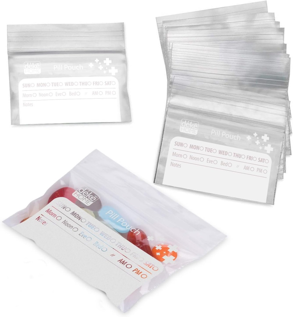Deke Home - 100 Pack Sacs à pilules transparents refermables (4x2,75 po), Pochettes de médecine de voyage avec étiquette sur papier, sans BPA-libre Organisateur de pilules jetables pour les médicaments, vitamines et suppléments